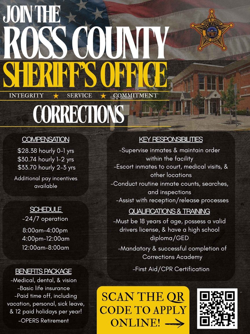 Corrections recruiting flyer: pay $28.38 to $33.70 an hour, benefits and qualifications