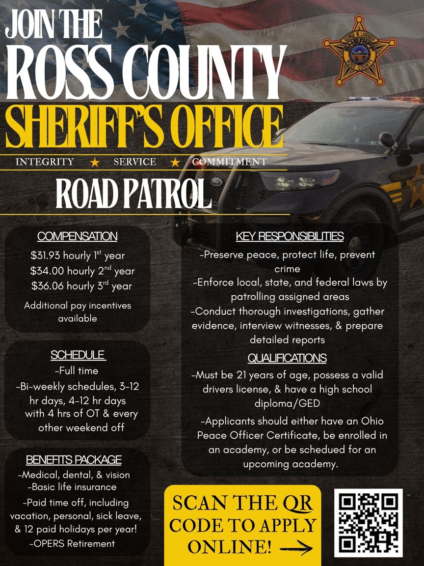 Road Patrol recruiting flyer: pay $31.93 to $36.06 an hour, benefits and qualifications